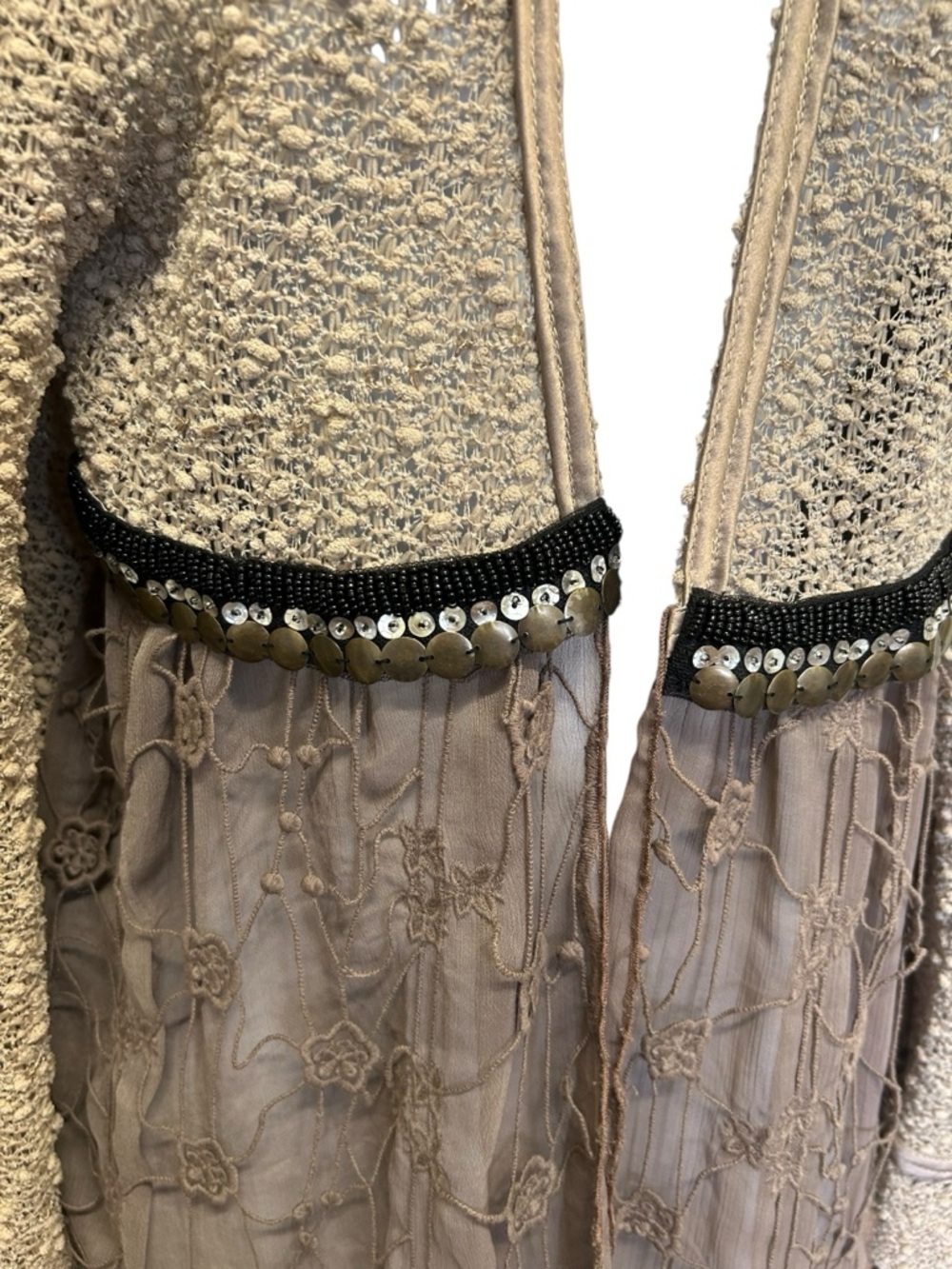 PS Fashion Vintage Boho Beaded Sheer Knit Cardigan Brown Size S Fairycore - Picture 3 of 6